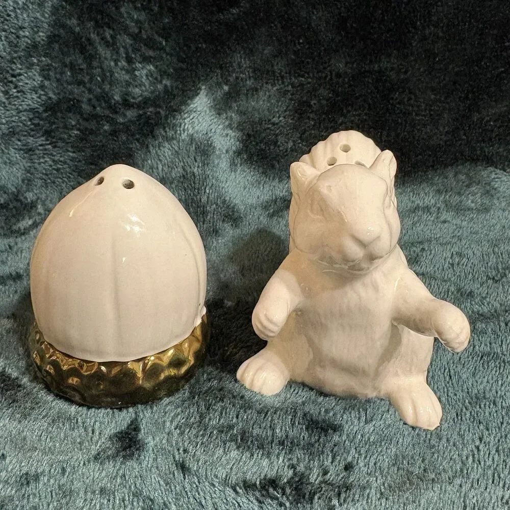 Ceramic Squirrel And Acorn White And Gold Salt And Pepper Shakers